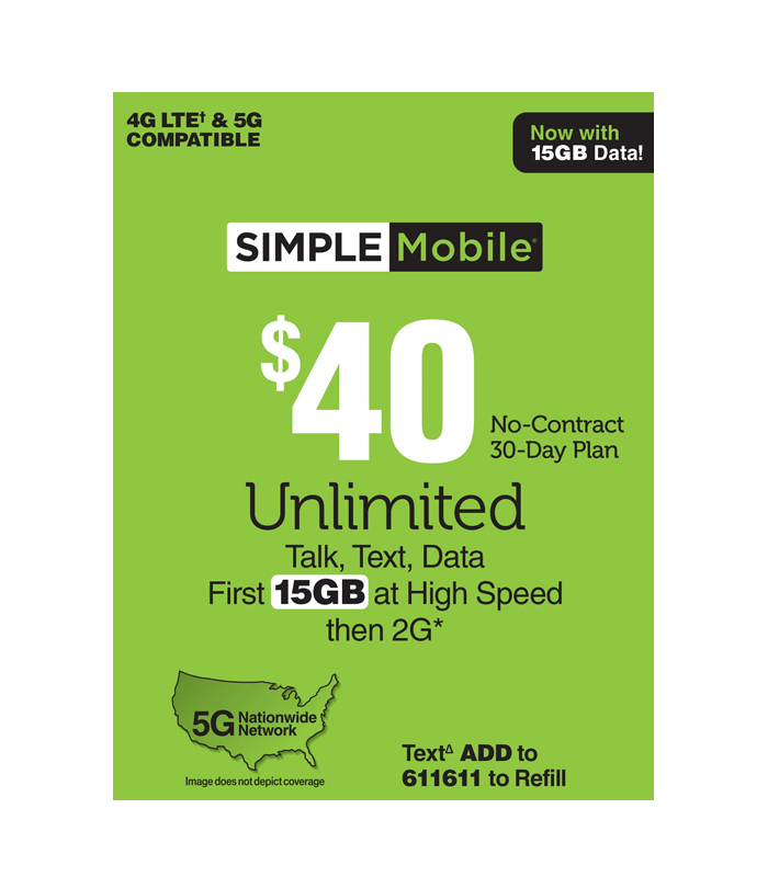 30 day $40 Unlimited Calls,Text, and 15GB Data at high speeds Simple Mobile (NON REFUNDABLE)