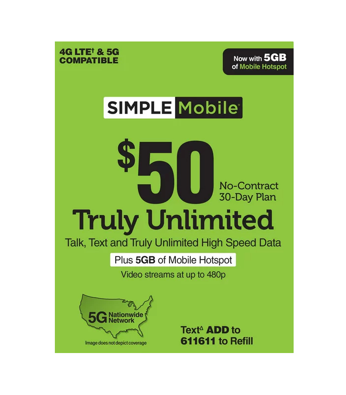 30 day $50 Unlimited Calls,Text, and Data + 5GB Hotspot Simple Mobile (NON REFUNDABLE)