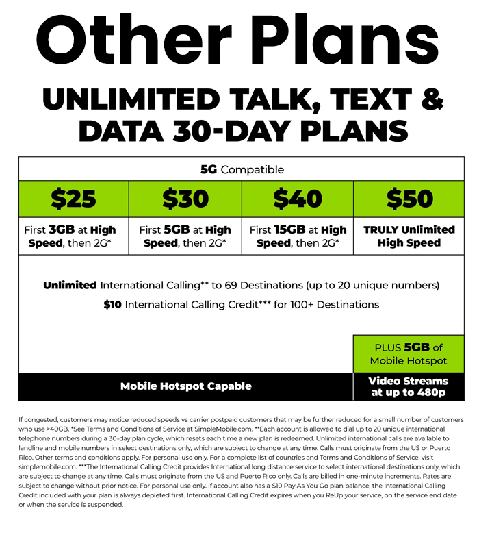 30 day $60 Unlimited Calls,Text, and Data + 15GB Hotspot & 50GB Cloud Storage Simple Mobile (NON REFUNDABLE)