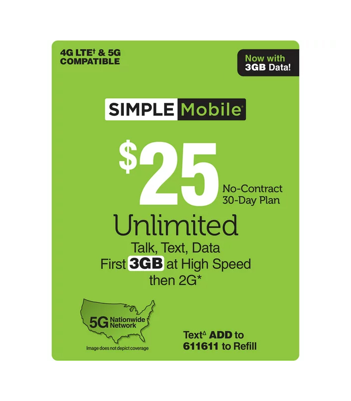 30 day $25 Unlimited Calls, Text, and 5GB Data at high speeds Simple Mobile (NON REFUNDABLE)