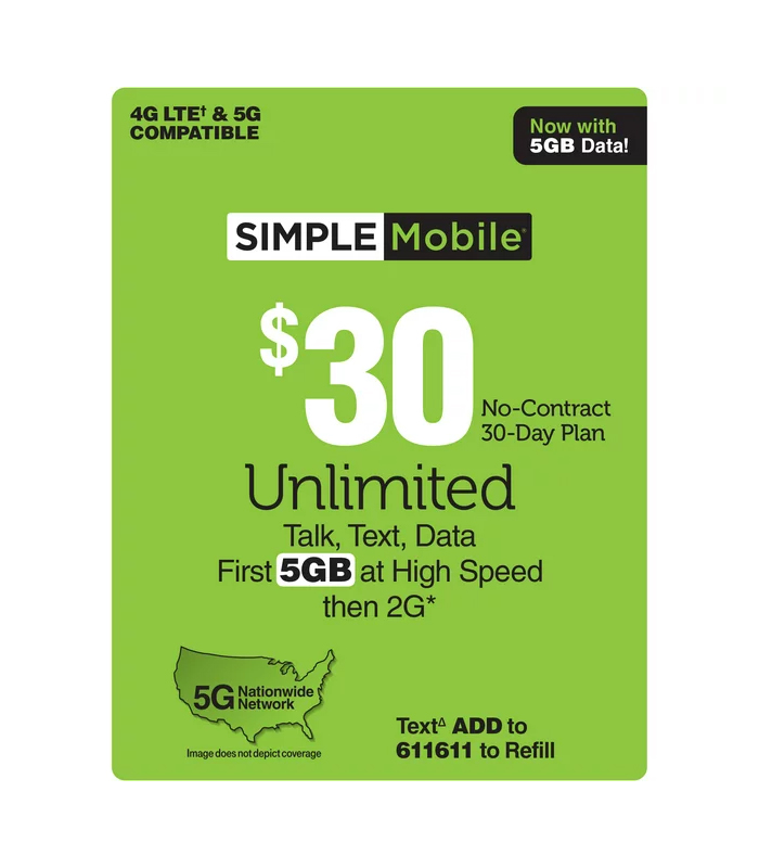 30 day $30 Unlimited Calls, Text, and 5GB Data at high speeds Simple Mobile (NON REFUNDABLE)