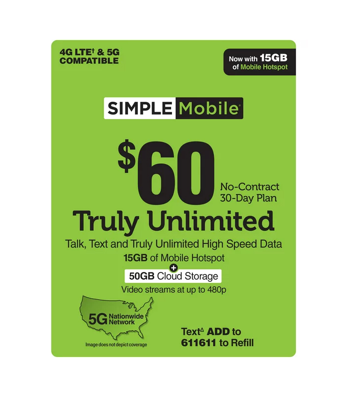 30 day $60 Unlimited Calls,Text, and Data + 15GB Hotspot & 50GB Cloud Storage Simple Mobile (NON REFUNDABLE)