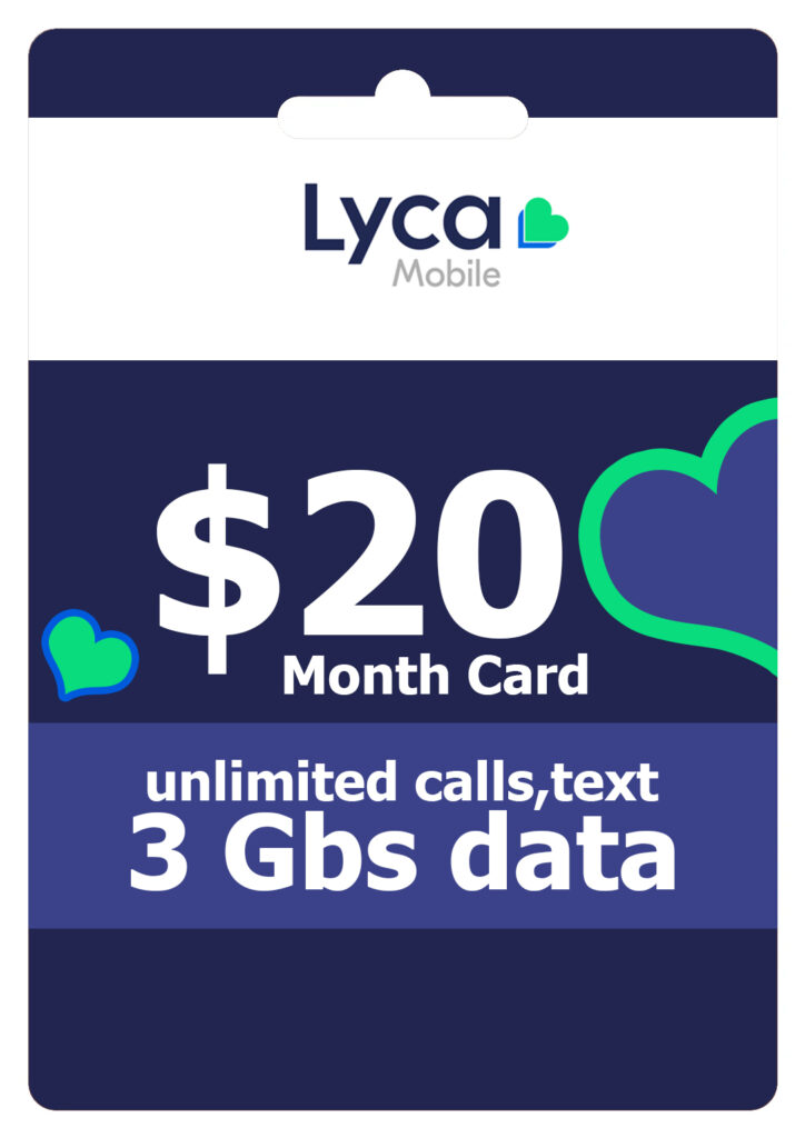 30 Day Plan Unlimited calls,text, 3Gbs Data Lyca Mobile 20 dollar plan