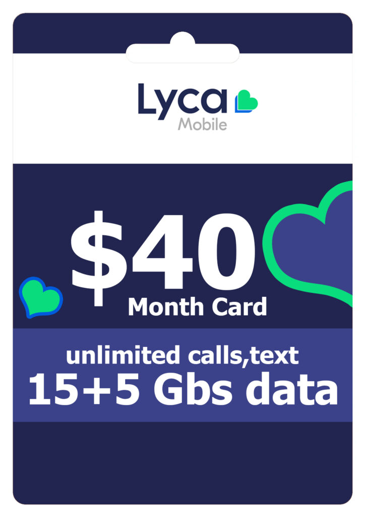 30 Day Plan Unlimited calls,text, 15+5 Gbs Data Lyca Mobile 40 dollar plan